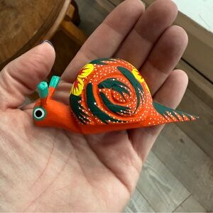 Wood Carved Hand Painted Snail Floral Orange Yellow Green Miniature